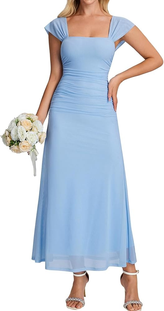 EYNMIN Summer Floral Maxi Long Dress Cap Sleeve Square Neck Ruched Bodycon A Line Mesh Formal Wed... | Amazon (US)