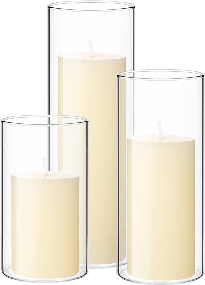 Shihanee 3 Sets Pillar Candles and 3 Glass Cylinder Vases Wedding Candle Cylinder Holders Valenti... | Amazon (US)