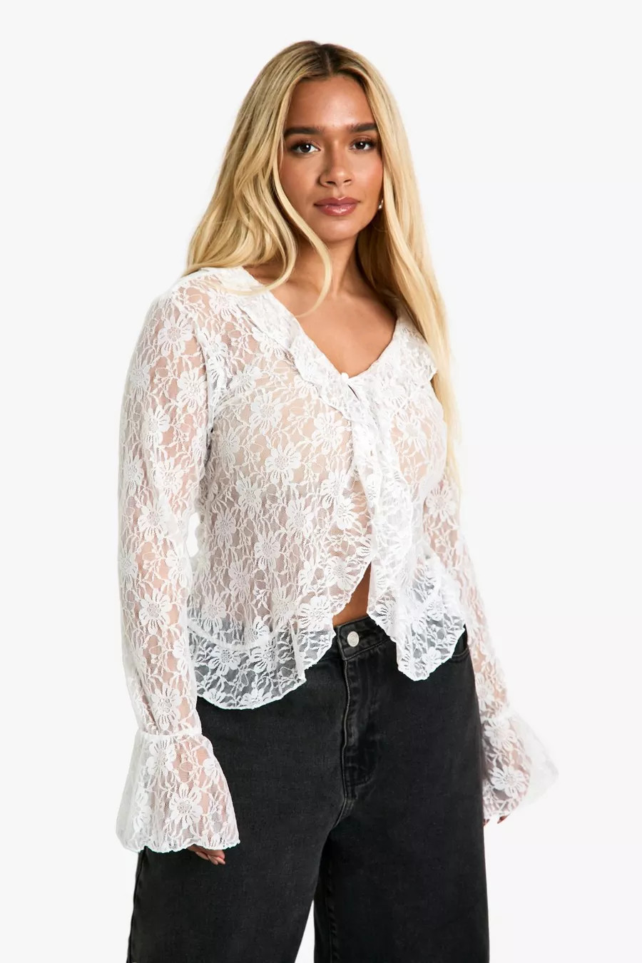 Plus Lace Tie Front Flare Sleeve Top | Boohoo.com (NL)