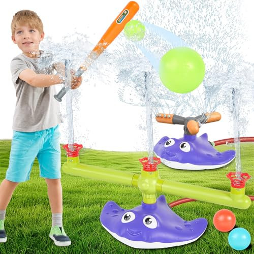 PWSOMJ 2-in-1 Water Sprinkler Baseball Toy Set for Kids, Summer Outdoor Water Game with 2 Sprinkler Heads, 360° Rotating Sprinkler for Backyard Summer Fun | Amazon (US)