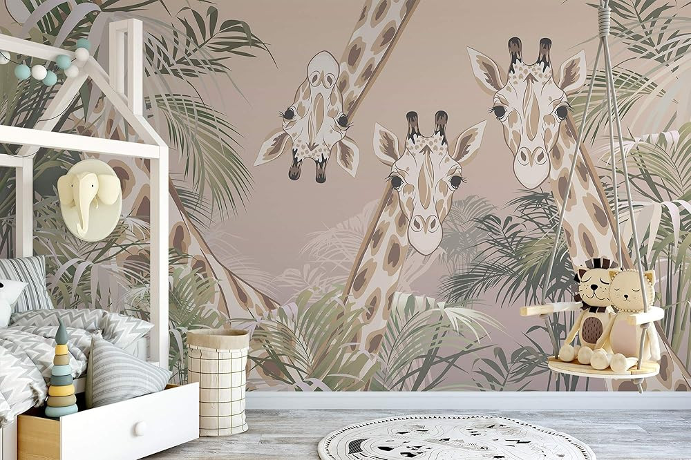 Murwall Kids Wallpaper Cute Giraffe Wall Mural Tropical Leaves Wall Print Kidsroom Childroom Kind... | Amazon (US)
