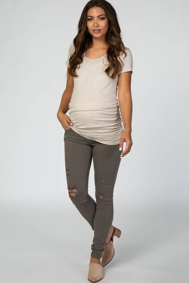 PinkBlush Olive Distressed Maternity Skinny Jeans | PinkBlush Maternity