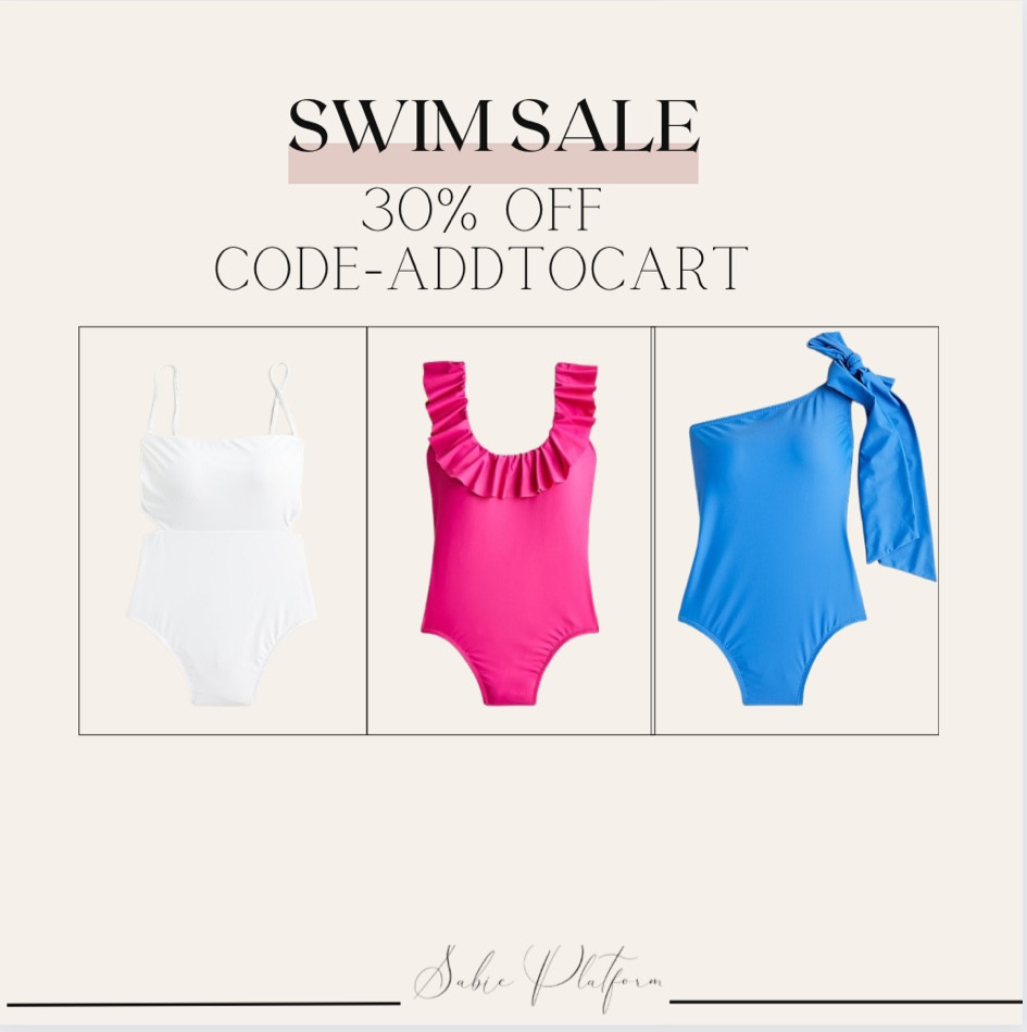 30% OFF full-price styles · and EXTRA 50% OFF sale styles code- ADDTOCART sale alert, swim sale, sale, bikini, one piece swim, vacation, travel, resort, beach, sabic platform, white swimsuit, pink swimsuit, blue swimsuit, jcrew, jcrew swimwear, 

#LTKsalealert #LTKswim #LTKFind