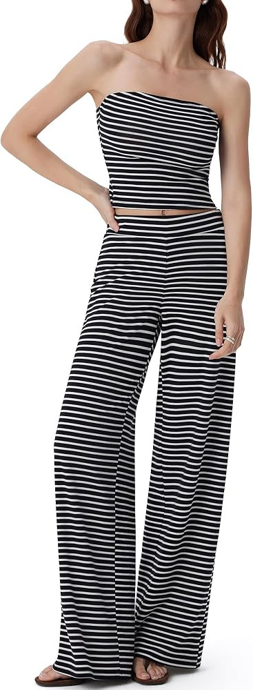 SUUKSESS Women 2 Piece Lounge Set Tube Top Wide Leg Pants Matching Sets Beach Vacation Outfits | Amazon (US)