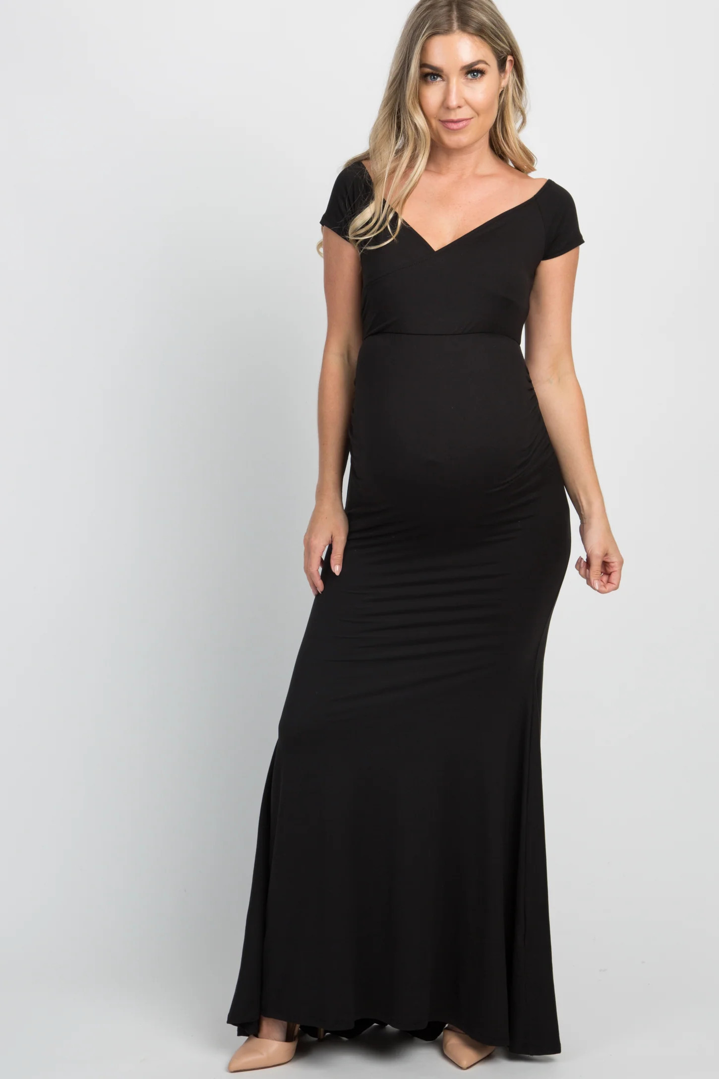 PinkBlush Navy Off Shoulder Wrap Maternity Photoshoot Gown/Dress | PinkBlush Maternity