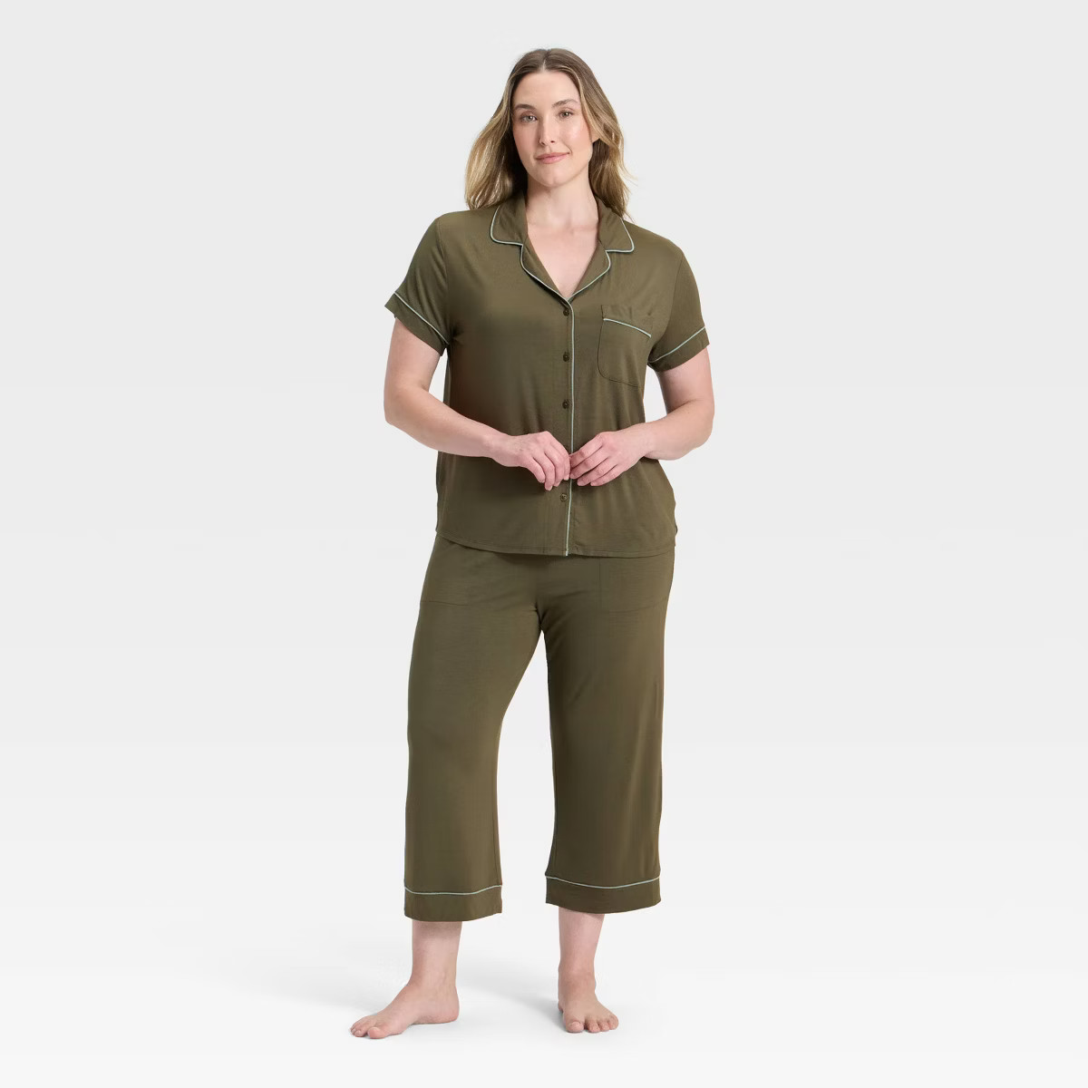 Women's Cloud Knit Short Sleeve Notch Collar Top and Cropped Pants Pajama Set - Auden™ | Target