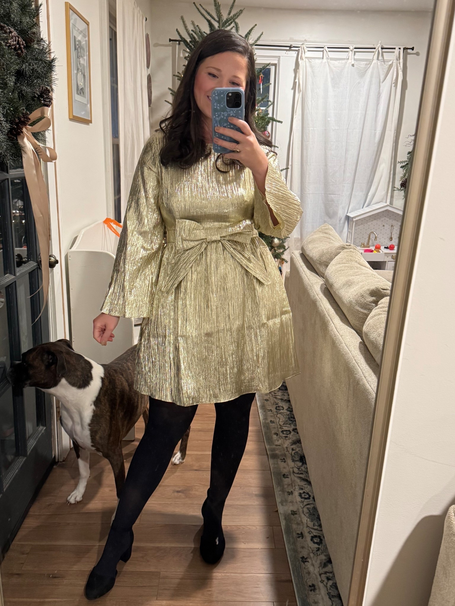 Holiday party outfit. Gold dress. Tuckernuck 