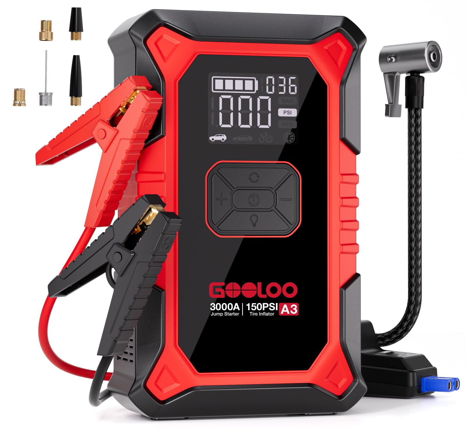 GOOLOO A3 Jump Starter with Air Compressor, 3000A Portable Car Battery Booster (9.0 Gas/6.5L Dies... | Amazon (US)