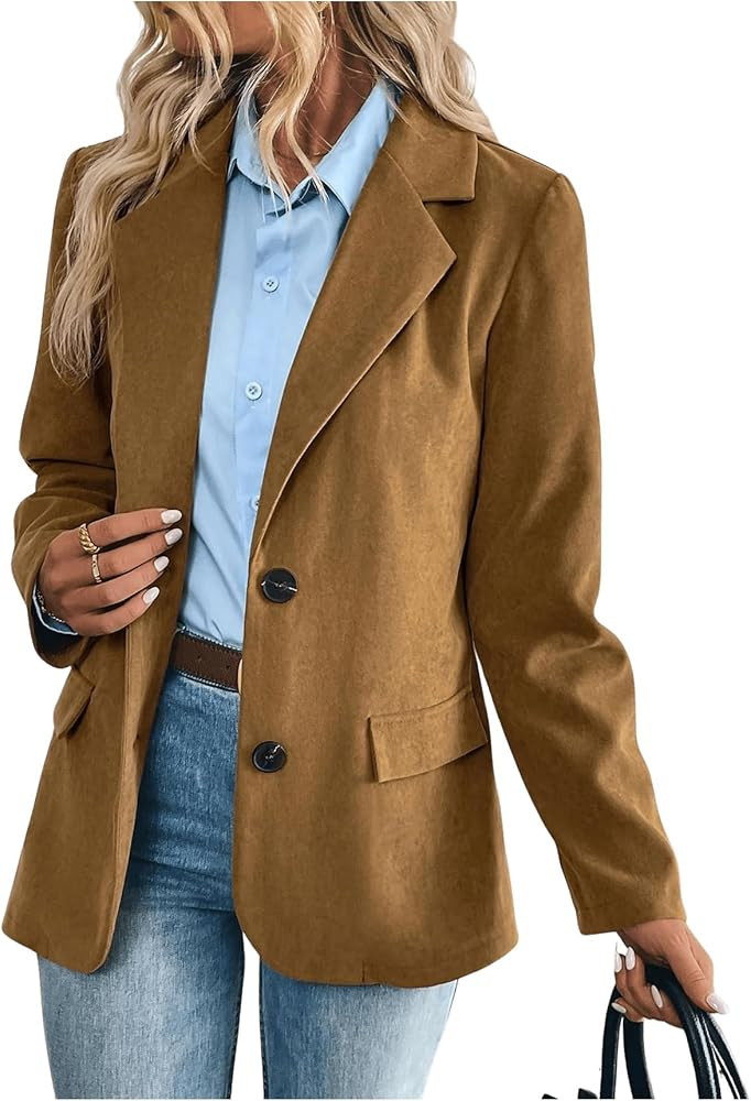 Floerns Women's Faux Suede Lapel Neck Blazers Button Down Long Sleeve Blazer Jacket | Amazon (US)