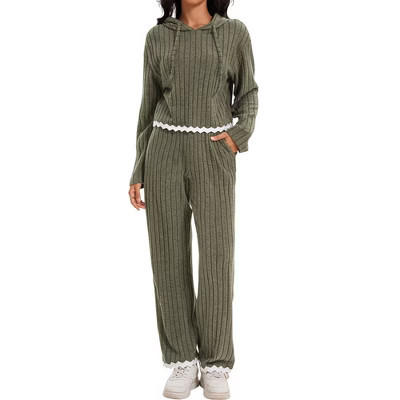 ATHLECHIC Women's Outfits Ribbed Sweater Hoodie Wide Leg Pants Tracksuit Casual Lounge 2 Pieces Set Army Green X-Large | Target