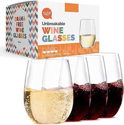 TaZa Unbreakable Plastic Wine Glasses stemless: Elegant Shatterproof Tritan Outdoor wine glasses | D | Amazon (US)