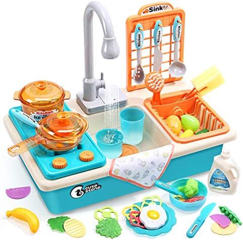 CUTE STONE Play Kitchen Sink Toys with Upgraded Real Faucet, Play Cooking Stove, Cookware Pot and... | Amazon (US)