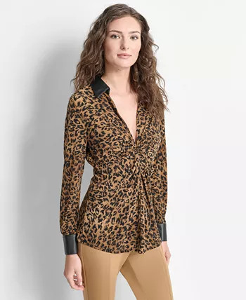 Women's Animal-Print Knot-Front Faux-Leather-Trimmed Collared Top | Macy's