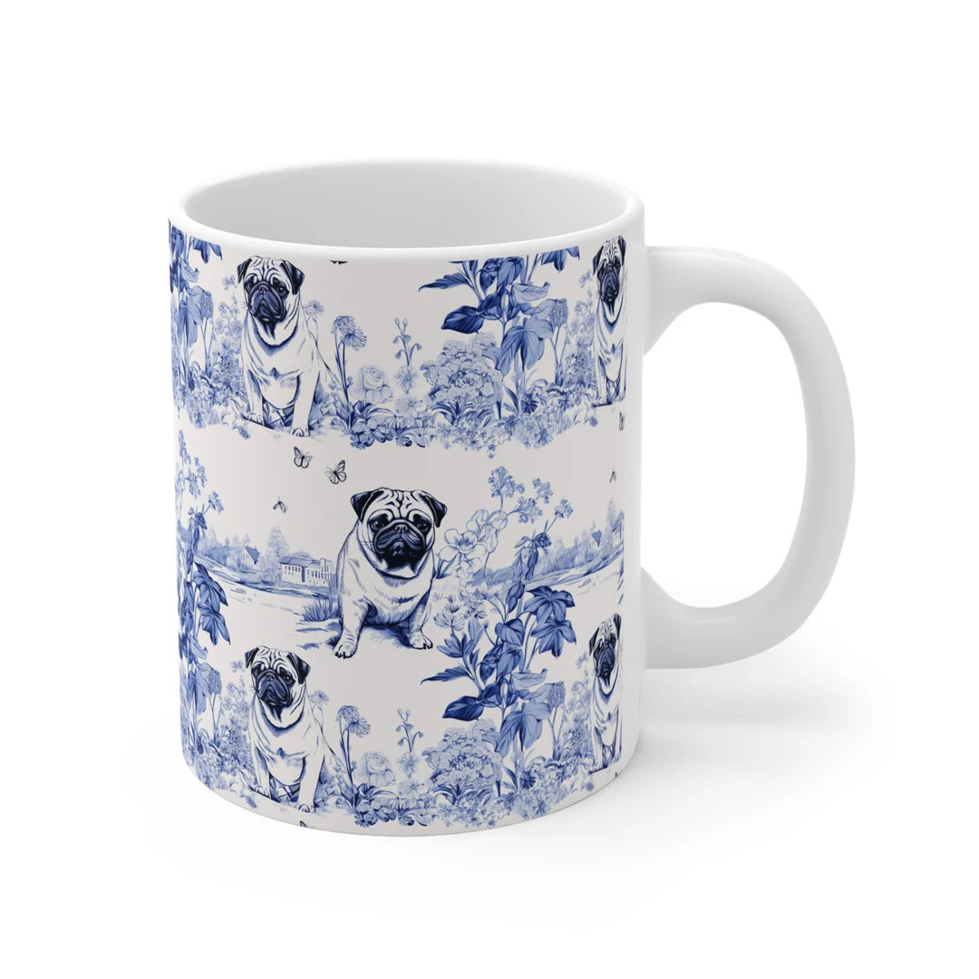 Pug Floral Illustrated Mug 11oz Coffee or Tea Cup Indigo - Etsy | Etsy (US)
