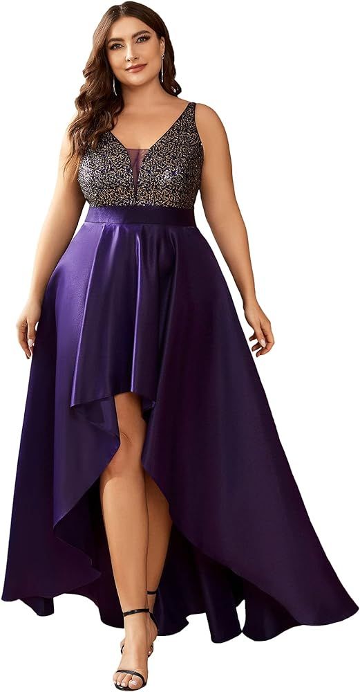 Ever-Pretty Women's Plus Size Sequin V-Neck High-Low A-line Evening Dress Prom Gowns 0667-PZUSA | Amazon (US)