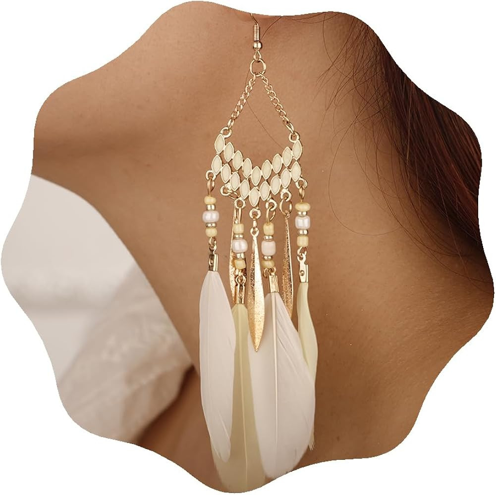 YERTTER Gold Long White Fake Feather Drop Dangle Earrings Women Statement Tassel Ethnic Beaded Ea... | Amazon (US)