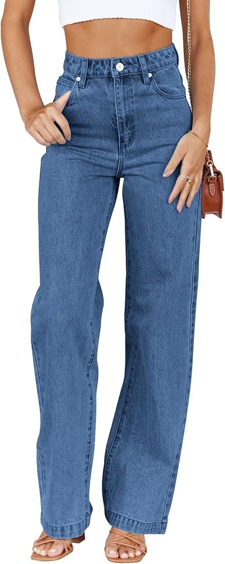 ETTELO Womens Jeans Mid Waisted Straight Leg Loose Stretchy Lightweight Tummy Control Trendy Jean... | Amazon (US)