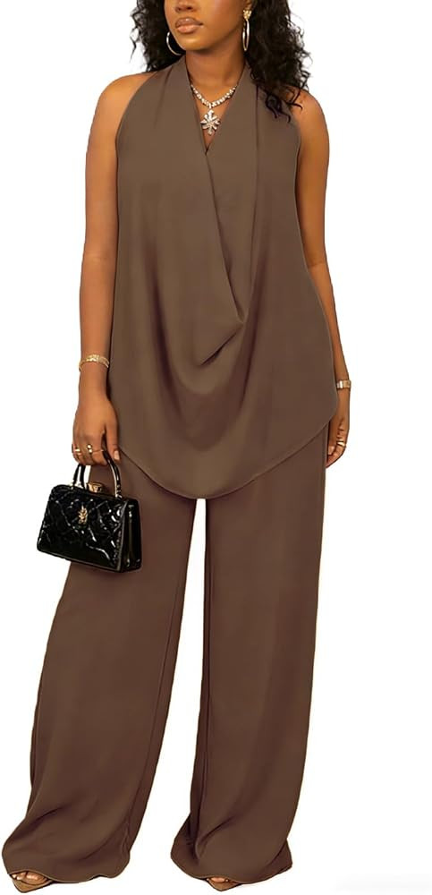 Women's Summer 2 Piece Outfits Cowl Neck Sleeveless Halter Tops and Wide Leg Pants Vacation Beach... | Amazon (US)