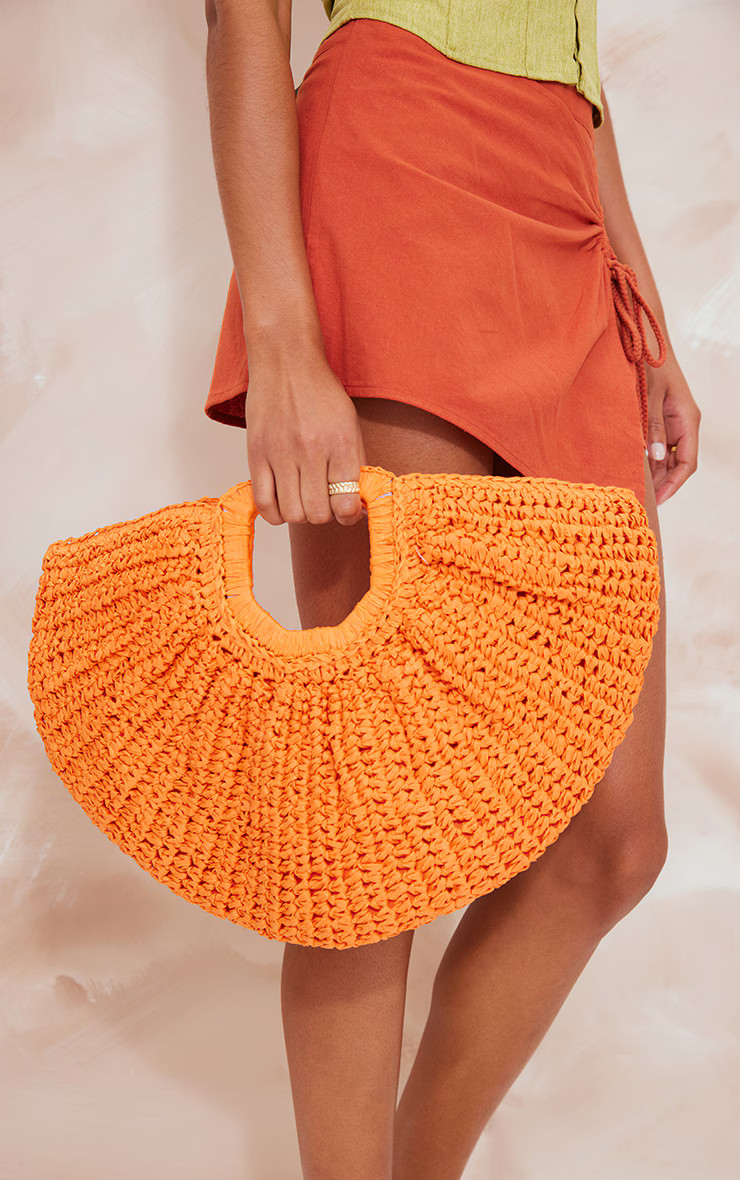 Bright Orange Raffia Curved Handbag | PrettyLittleThing UK