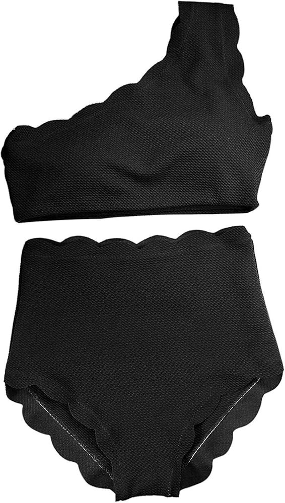 High Waisted Bikini Set One Shoulder Vintage Scalloped Flounced Swimsuit Wavy Edge Swimwear | Amazon (US)