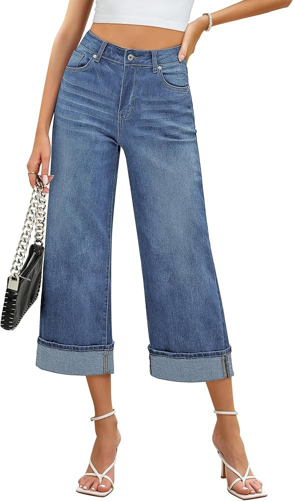 GRAPENT Wide Leg Jeans for Women High Waisted Stretchy Denim Crop Pants Fold Hem Cropped Baggy Je... | Amazon (US)