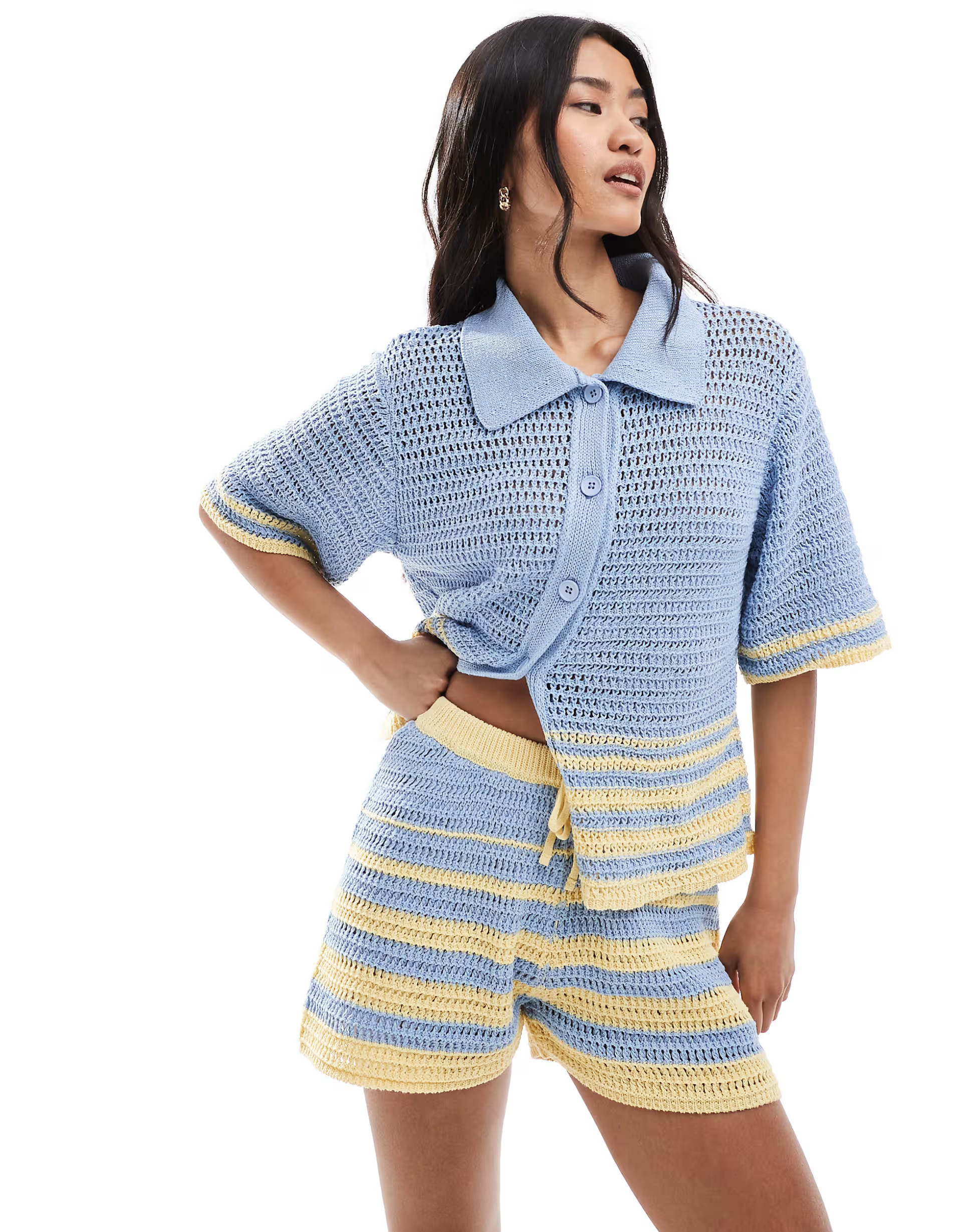 ASOS DESIGN knitted crochet short co-ord in blue and yellow stripe | ASOS (Global)