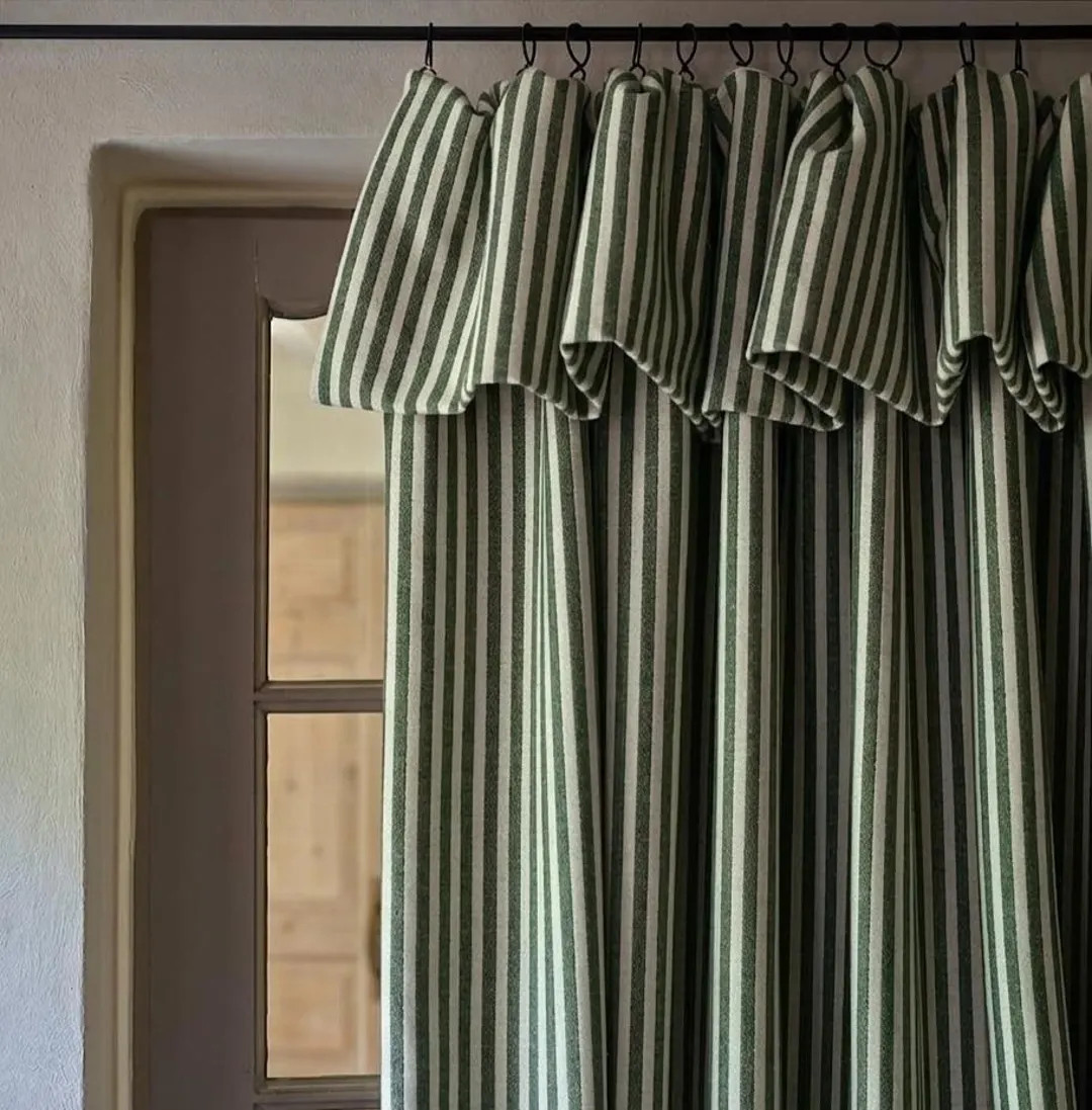 Sage Green Striped Linen Blackout Curtain, Ruffle Top Lined Drapes, Rustic Farmhouse Custom Panel... | Etsy (Global)