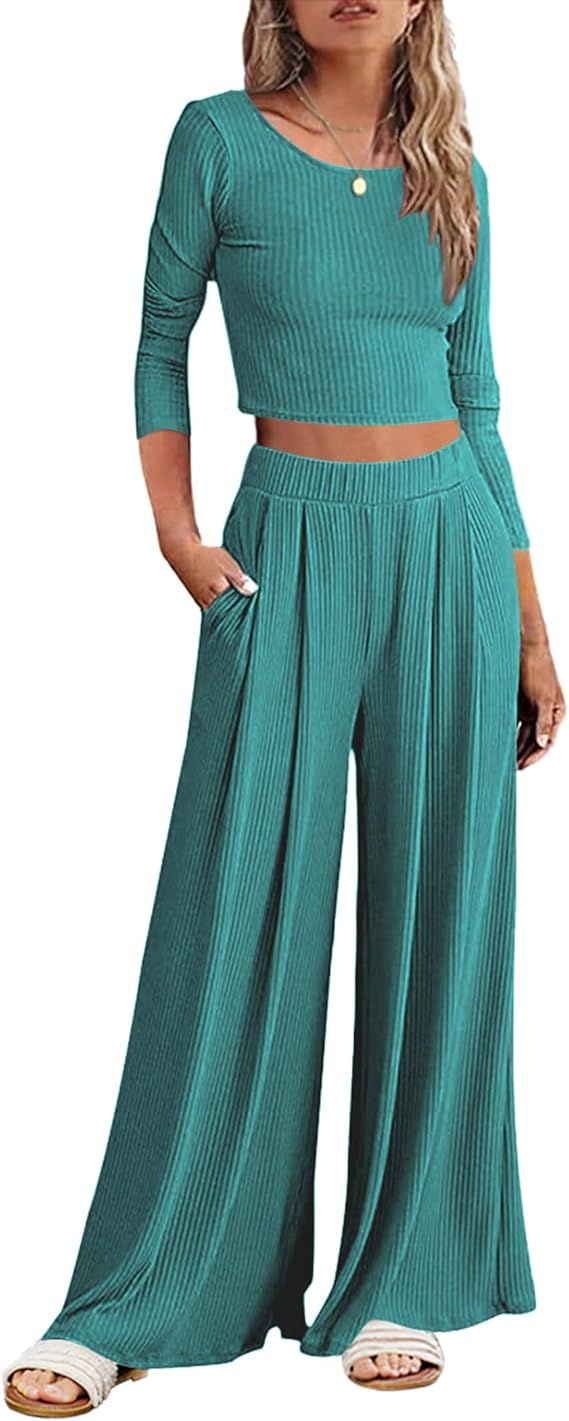 Ekouaer Women's Two Piece Lounge Set Ribbed Knit Outfits Long Sleeve Crop Top Wide Leg Pants with... | Amazon (US)