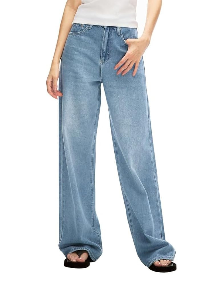 Women's Adjustable Wasit Baggy Jeans with Snap-Button Waistband Wide Straight Leg High Rise Jeans... | Amazon (US)