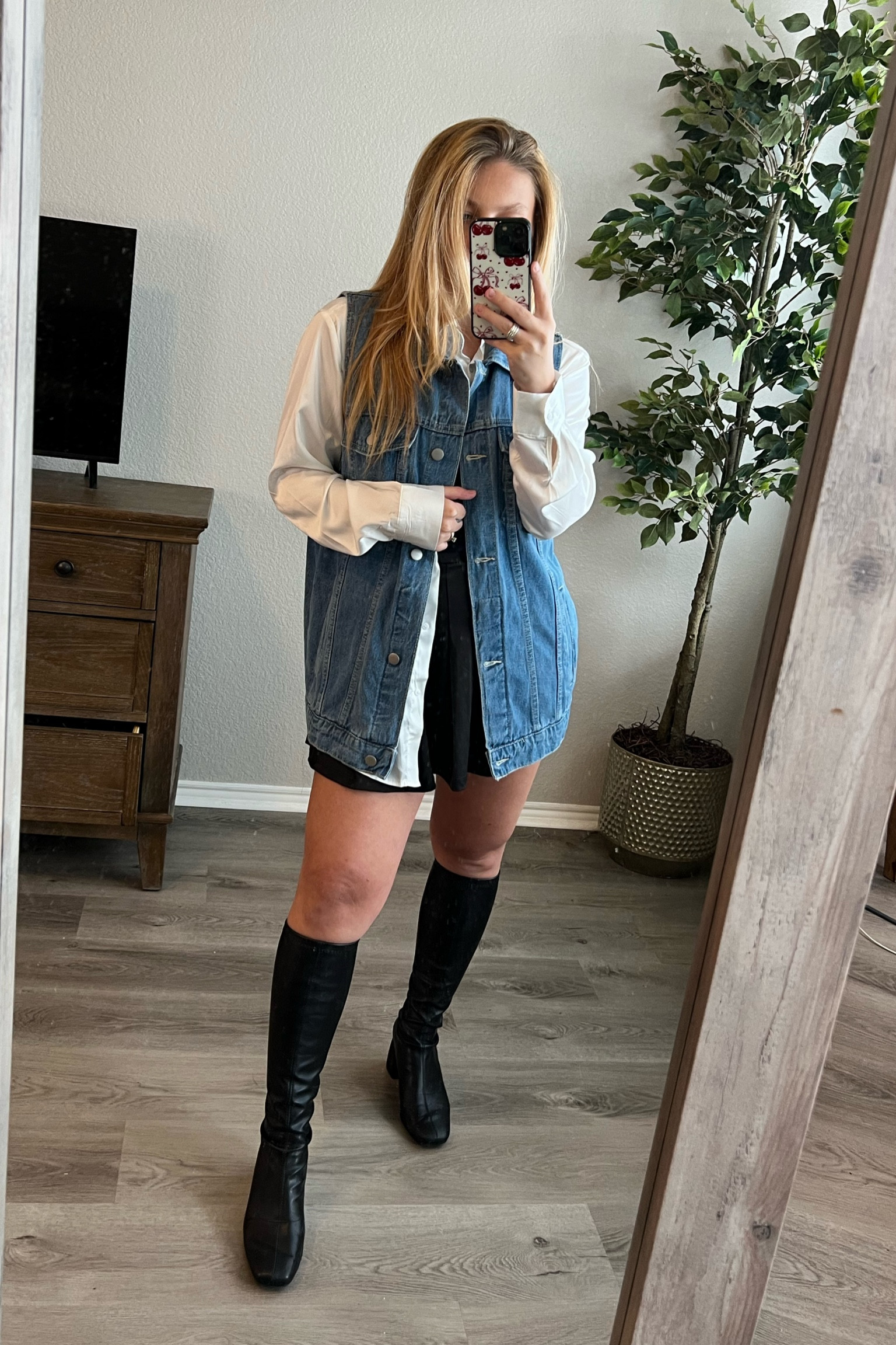 OOTD - date night outfit - fall outfits- outfit ideas - tennis skirt - tube top - black boots - button down shirt - denim vest - oversized - layering - early fall

#LTKStyleTip #LTKSeasonal #LTKShoeCrush