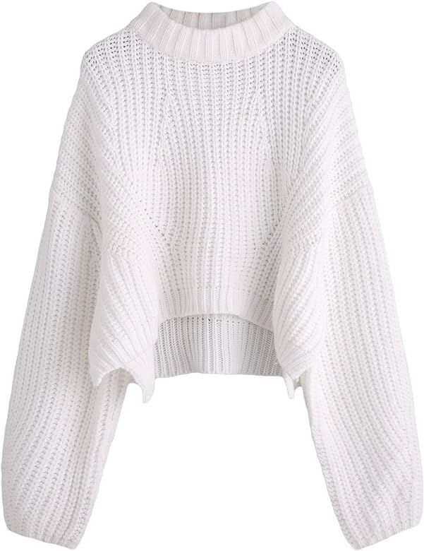 Women's Mock Neck Drop Shoulder Oversized Batwing Sleeve Crop Top Sweater | Amazon (US)