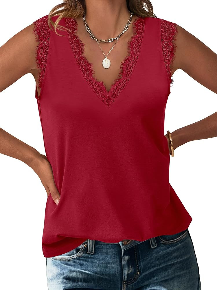 ANRABESS Womens Lace Trim Tank Tops V Neck Sleeveless Shirts 2026 Summer Casual Trendy Dressy Cam... | Amazon (US)