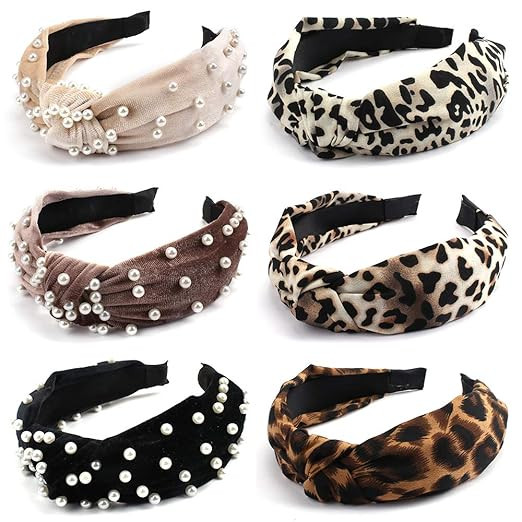 Jaciya 6 Pieces Leopard Knotted Headbands for Women and Pearls Turban Headbands for Women Wide He... | Amazon (US)