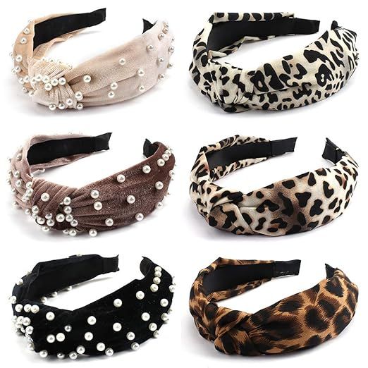 Jaciya 6 Pieces Leopard Knotted Headbands for Women and Pearls Turban Headbands for Women Wide He... | Amazon (US)