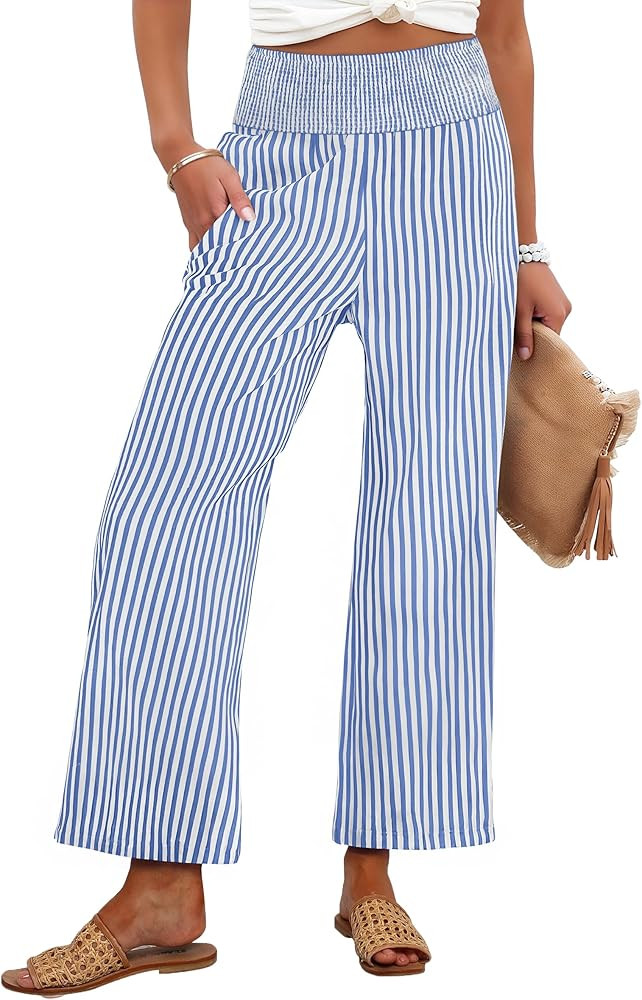 ANRABESS Women Striped Gingham Wide Leg Palazzo Pants Casual Lounge Cropped PJ Bottoms Comfy Cute... | Amazon (US)