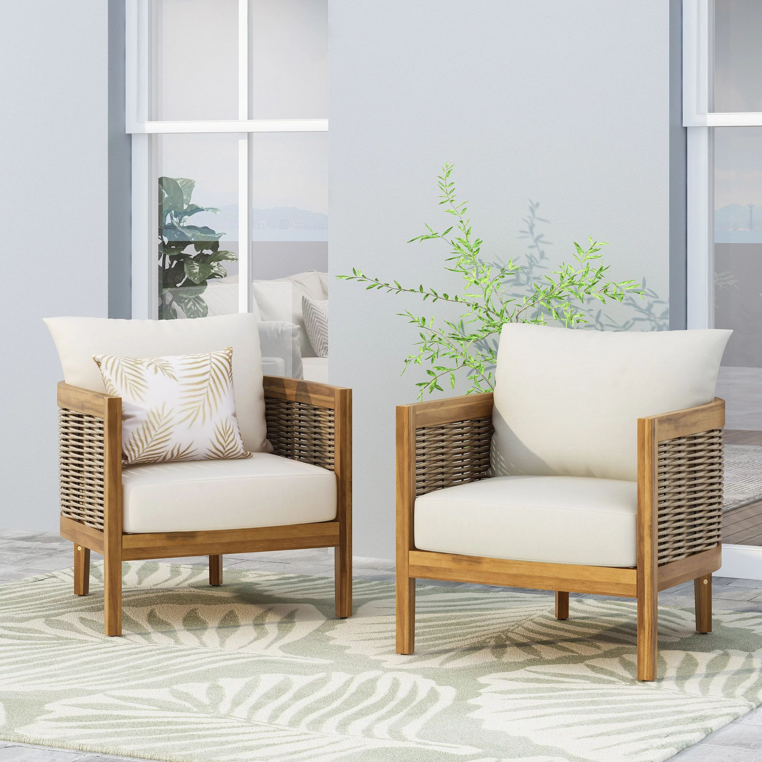 GDF Studio Morrow Cushioned Acacia Wood Outdoor Lounge Chair - Set of 2 - Beige | Walmart (US)