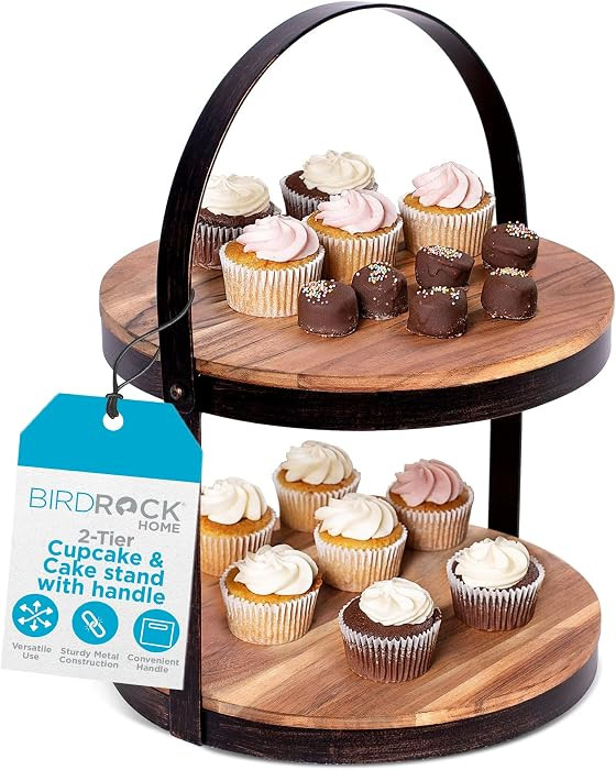 BIRDROCK HOME 2-Tier Cupcake and Cake Stand with Handle - Rustic Wood & Iron Dessert Serving Tray... | Amazon (US)