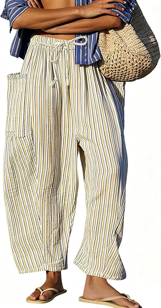 MISSACTIVER Women Summer Striped Harem Pants Flowy Baggy Casual Wide Leg Trousers Drawstring Boho... | Amazon (US)
