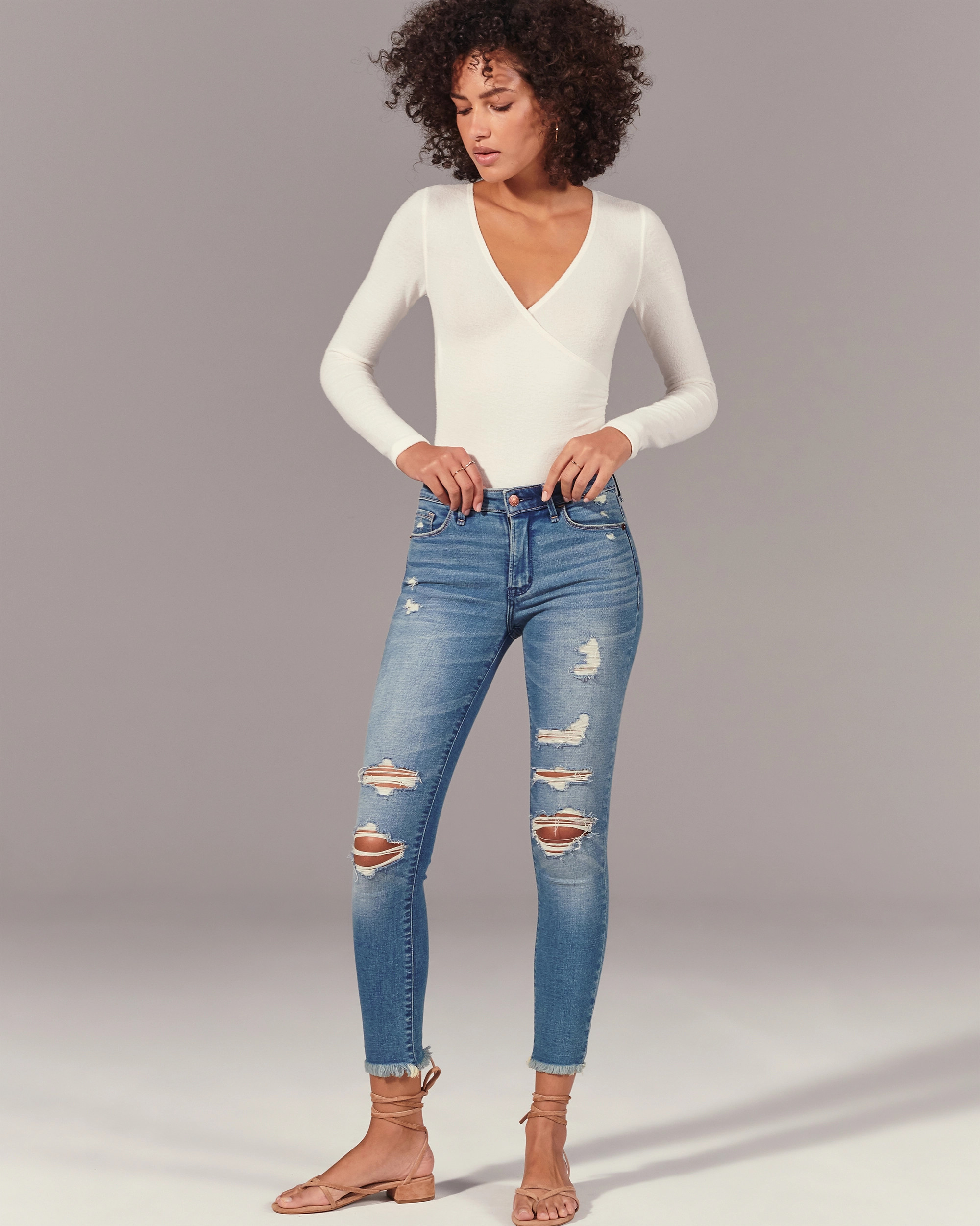 Ripped Mid Rise Super Skinny Ankle Jeans | Abercrombie & Fitch (US)