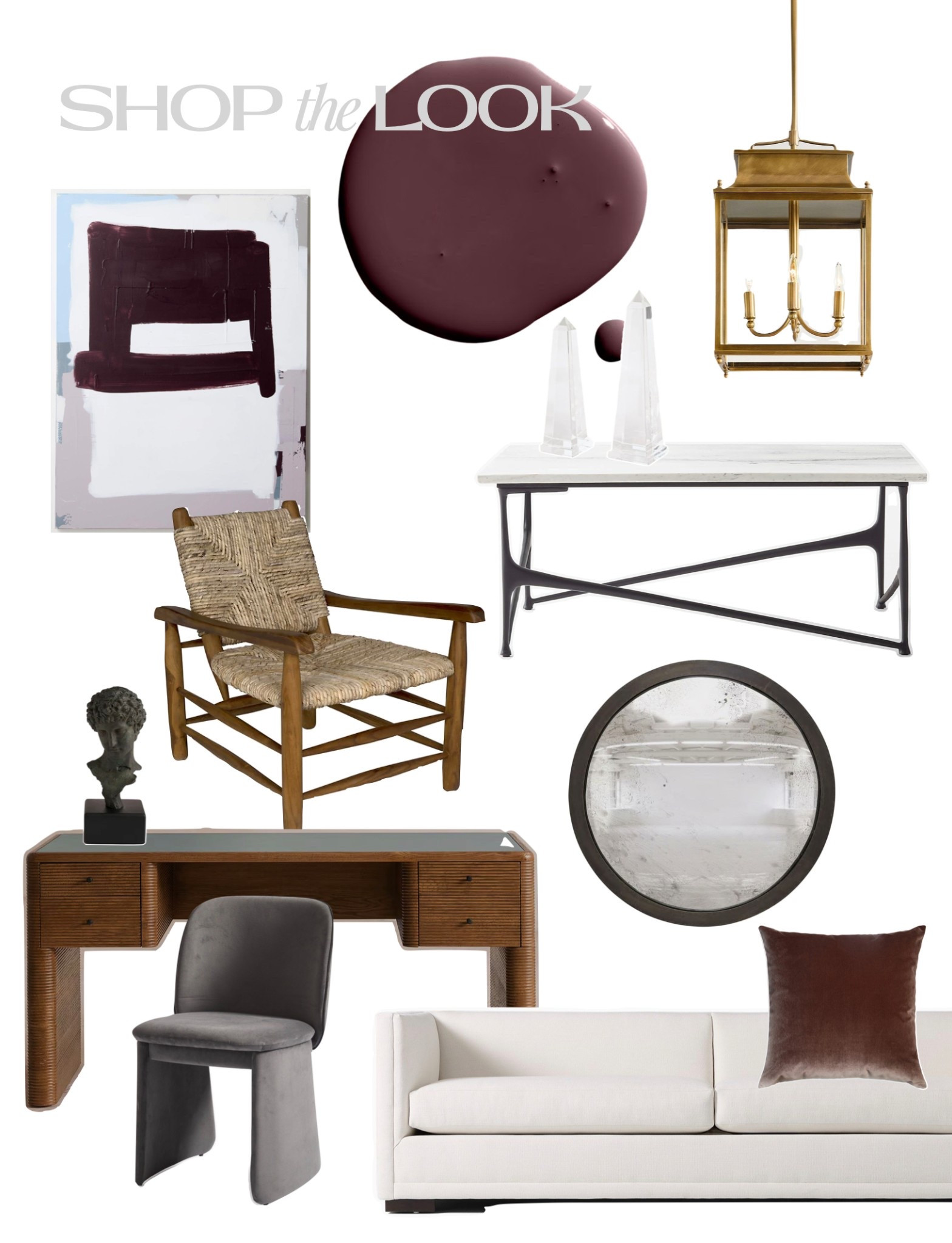 Shop Darius Rucker’s Charleston home tour with dark purple paint, brass lantern chandelier, marble coffee table, black iron round mirror, wicker armchair, modern white sofa, and dark wood desk

#LTKHome #LTKStyleTip