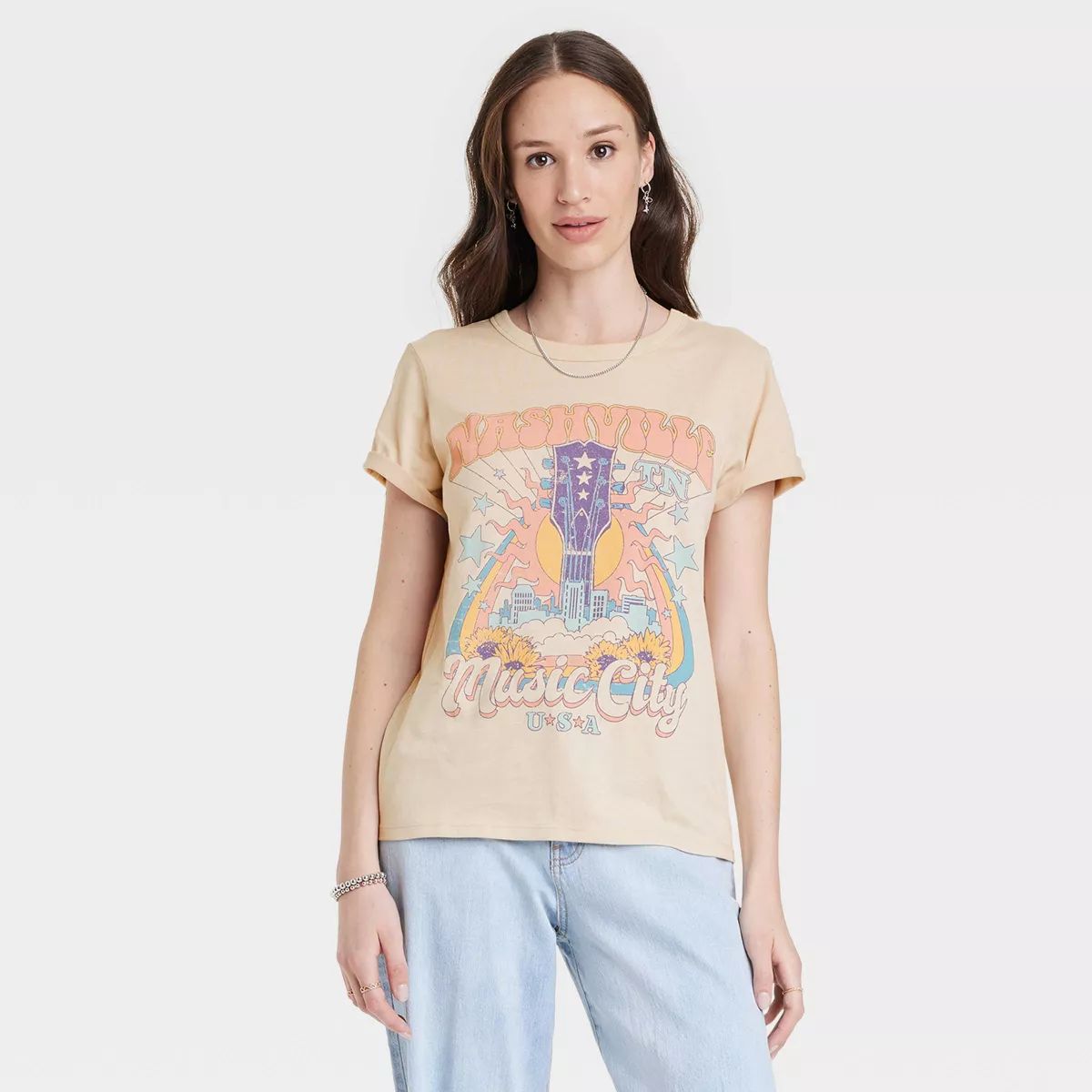 Women's Music City Short Sleeve Graphic T-Shirt - Beige M | Target