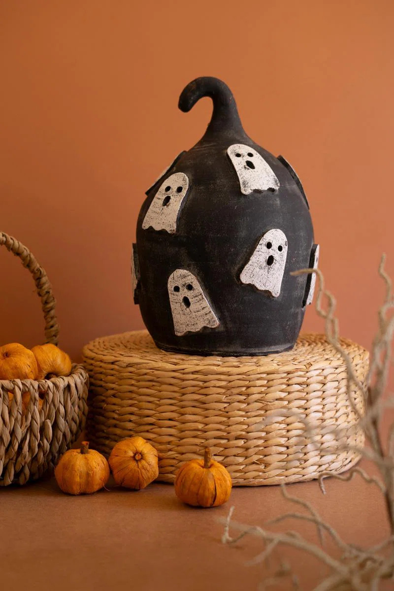 Kalalou Black Clay Pumpkin with Ghosts Luminary \u2013 Handcrafted Halloween Decor 14" | Wayfair North America