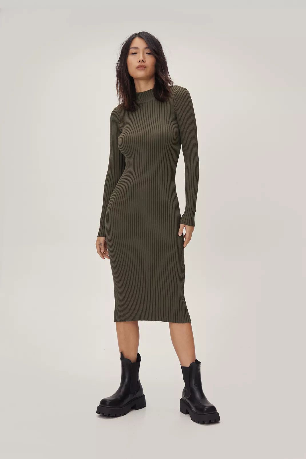 Knitted Ribbed High Neck Long Sleeve Midi Dress | Nasty Gal (US)