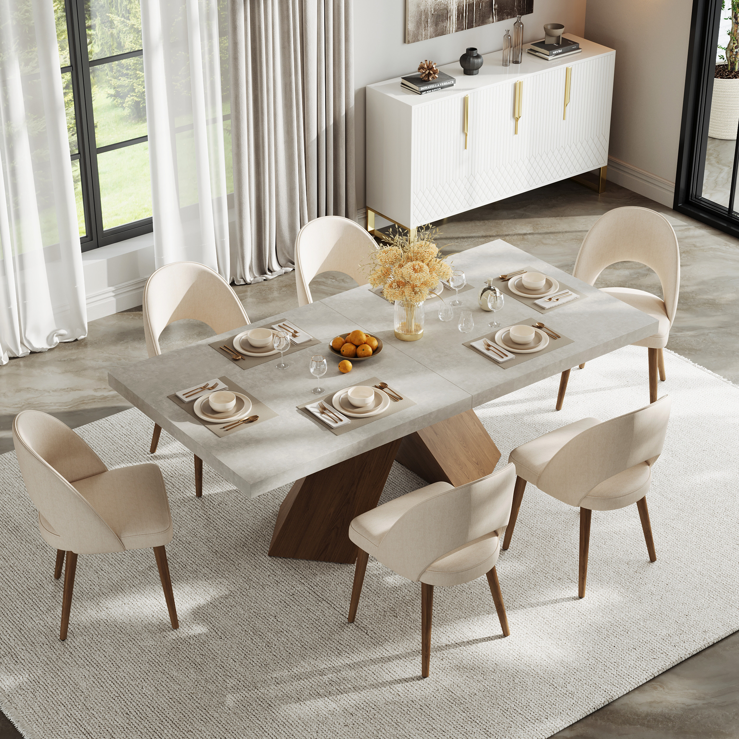 Dining Table Set 79"-94" Rectangle Extendable Dining Table & 6 Archic Japandi Rattan Dining Chairs | Homary