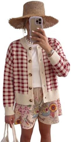 Women's Plaid Knit Cardigan Long Sleeve Button Up Sweater Tops | Fall Fashion Knit Cardigans for ... | Amazon (US)