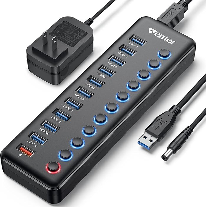 Powered USB Hub, Wenter 11-Port USB Splitter Hub (10 Faster Data Transfer Ports+ 1 Smart Charging... | Amazon (US)