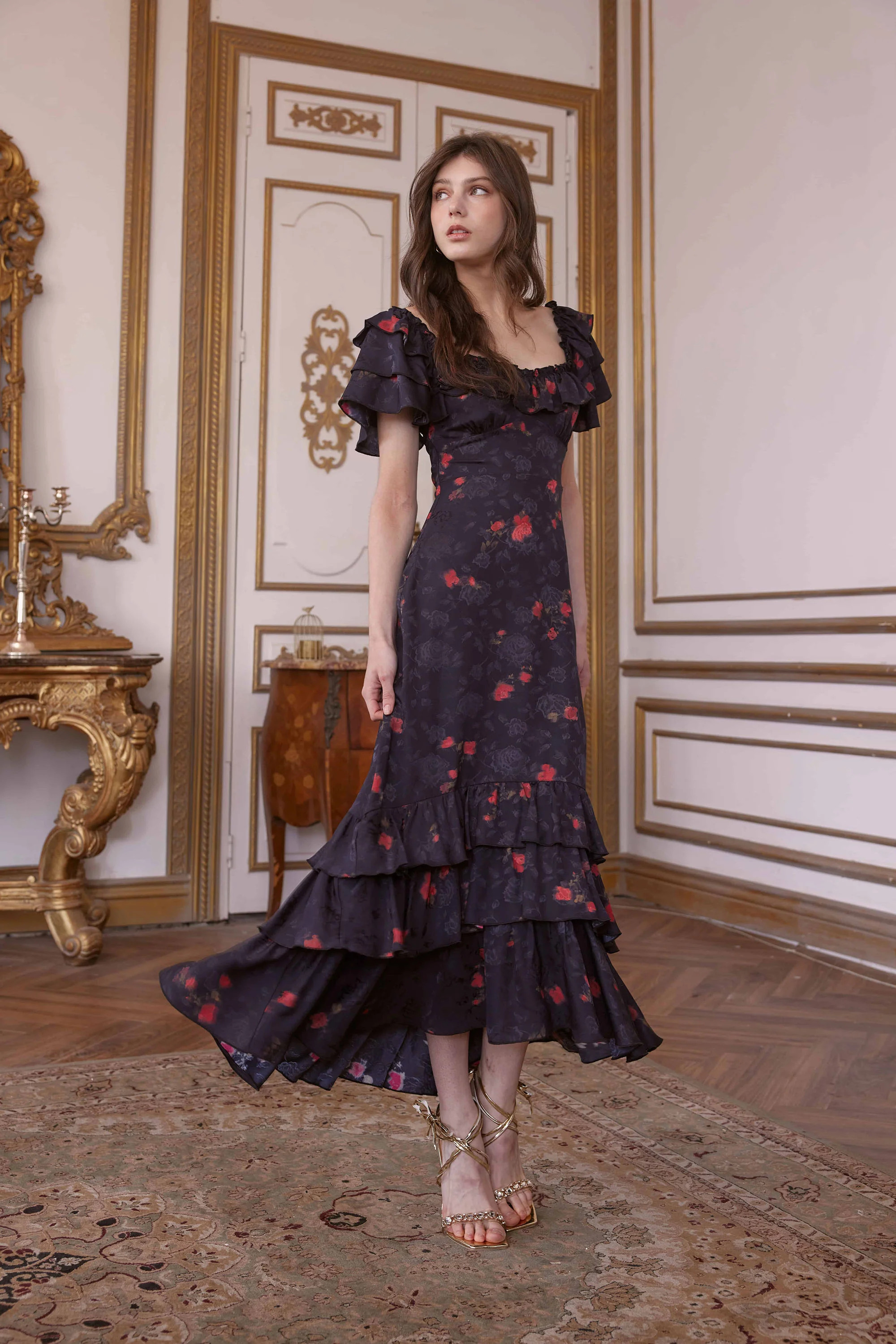Charlene Jacquard Satin Maxi Dress in Black | American Heiress