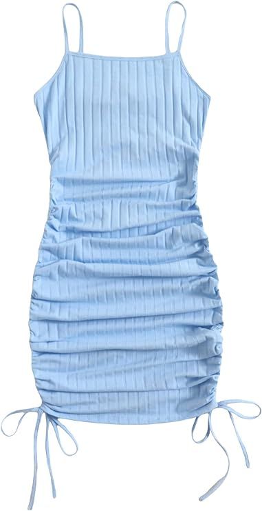 SheIn Women's Ruched Sleeveless Mini Bodycon Dress Drawstring Tie Side Round Neck Rib Knit Short ... | Amazon (US)