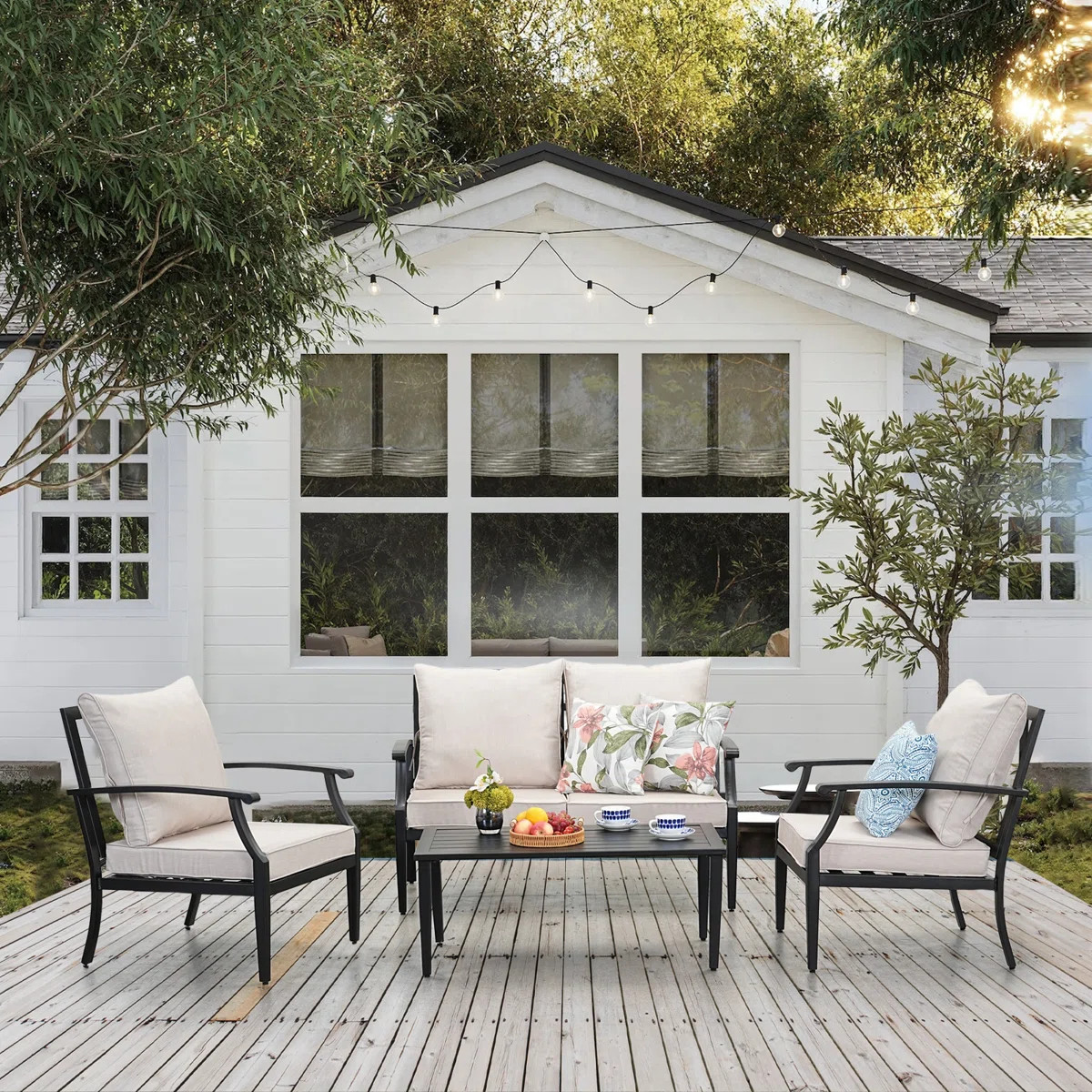 4 Pieces Patio Furniture Set w/loveseat,Coffe Table,Outdoor Conversation Metal Sofa with High Bac... | Wayfair North America