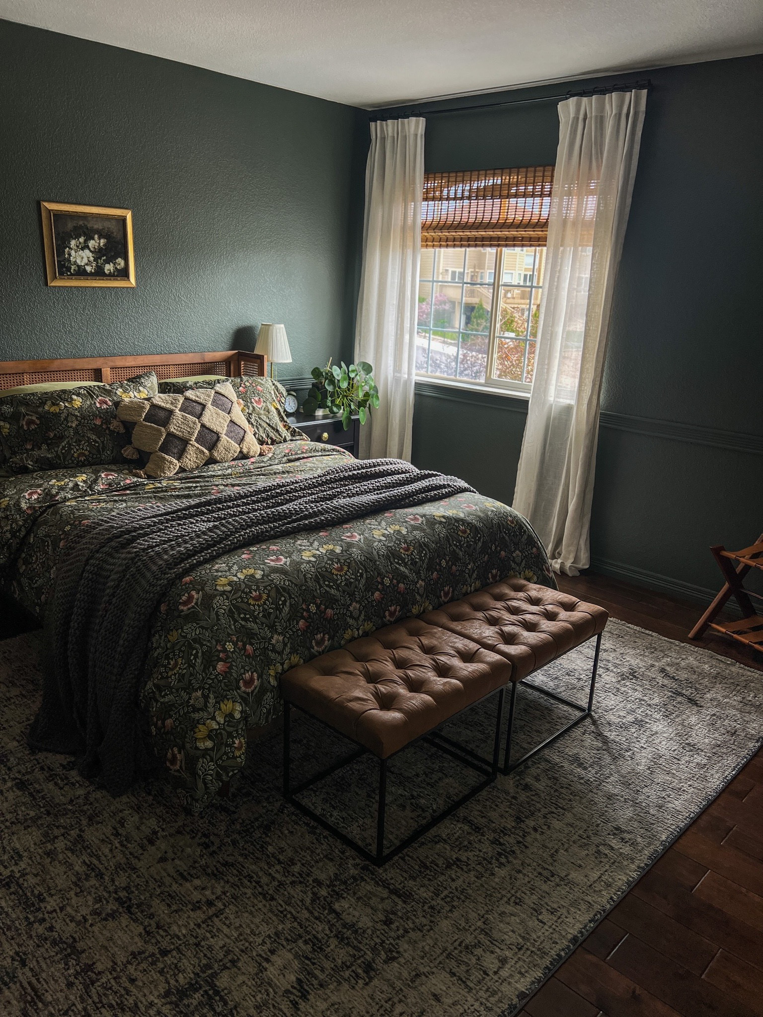 Moody guest bedroom. Ottoman. Target home decor. Roman shade. Linen curtains  

#LTKfamily #LTKhome #LTKFind